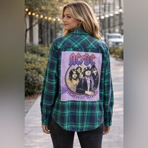 Upcycled AC/DC Band American Eagle Favorite Fit Flannel Plaid Shirt Size M